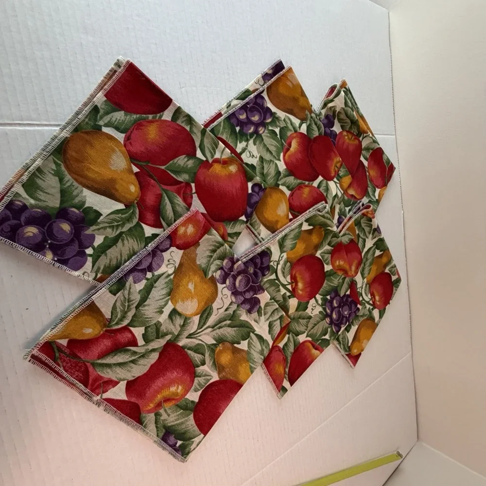 Vintage Mid Century Napkins Fruits And Floral Print Set of 6